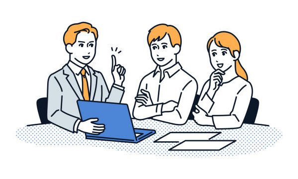 Vector illustration material of a young couple consulting with a man in a suit to explain